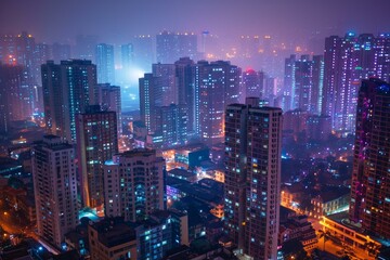 Obraz premium Breathtaking and mystical cityscape at twilight with urban skyline. Misty haze. Glowing skyscrapers. Vibrant neon lights. And a dense. Atmospheric evening atmosphere