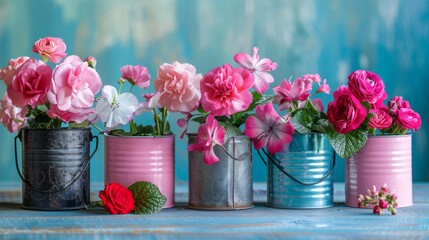 Colorful recycled metal cans for planting flowers, pink and white