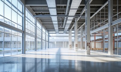 Modern empty indoor construction site office building in sunlight. industrial development, under construction