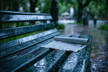 Soggy newspaper lying on a rain-drenched bench, symbol of a day interrupted by unexpected rainfall 