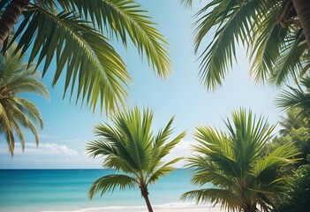 Obraz premium summer season theme with leafs of palm trees covered with shiny sun at beach behind Beach and Sea season theme