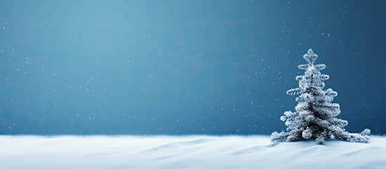 Blue background with a small Christmas tree in a winter layout providing ample copy space image