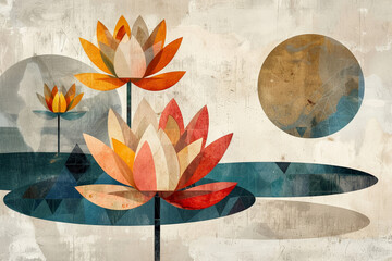 Stylized lotos illustration with geometric shapes, modern abstract art on a neutral background 