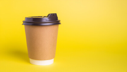 Disposable brown paper cup with lid for tea or coffee. Take away drink. Mock up. Hot beverage.