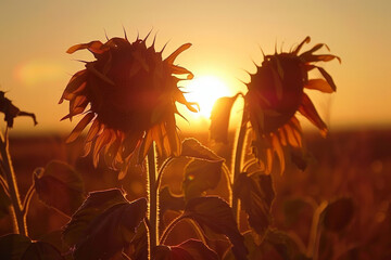 Wilted sunflowers facing the setting sun after a day of harsh sunlight, symbolic of endurance 
