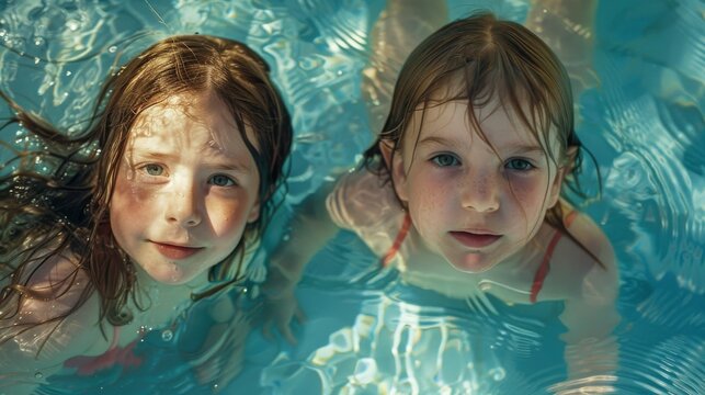 Children playing in pool. Two little girls having fun in the pool. Summer holidays and vacation concept