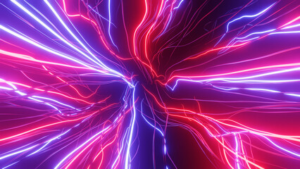 3d Abstract glowing light neon pink and blue laser lines wires background. Electricity technology digital futuristic music template, Thunderstorm footage