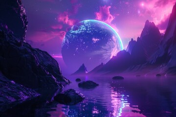 a purple and blue planet over water