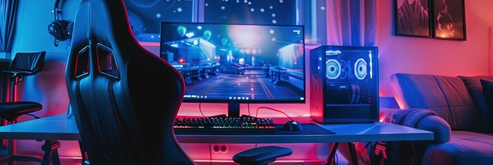 gaming den with computer monitor and glowing lights 