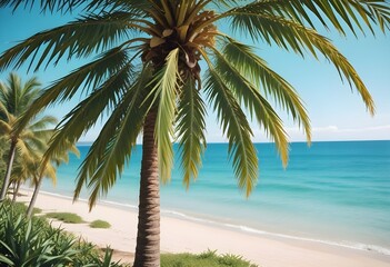 Obraz premium summer season theme with leafs of palm trees covered with shiny sun at beach behind Beach and Sea season theme