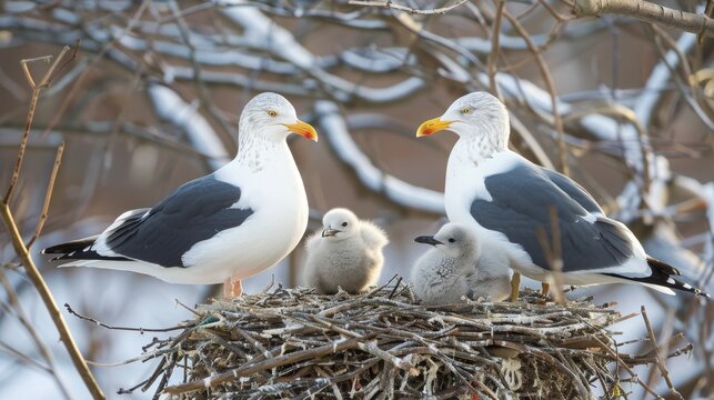 Scandinavian Lesser black-backed gull (Larus fuscus fuscus) nest on islands of eastern part of Gulf of Finland, Baltic Sea. Mixed colony with Herring Gull. Plastic objects are used as nest material