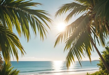 Fototapeta premium summer season theme with leafs of palm trees covered with shiny sun at beach behind Beach and Sea season theme