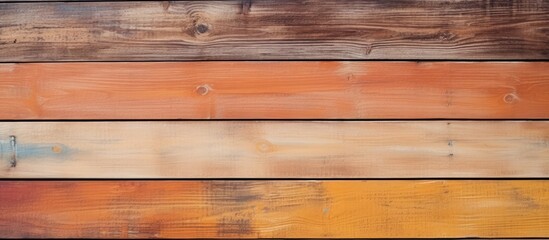 A copy space image showing a cohesive background of wooden walls in orange brown oil paint watercolor pastel brown and yellow brown plank wooden wall panels with a textured brown paint finish