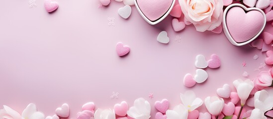 A copy space image featuring a pink desktop concept adorned with heart shaped marshmallows pink roses and a pink colored hot drink