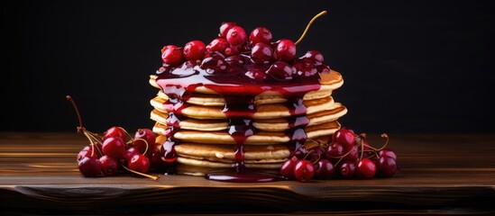 A top view of a stack of pancakes drenched in cranberry syrup placed on a wooden board against a dark wooden backdrop Ample copy space is available