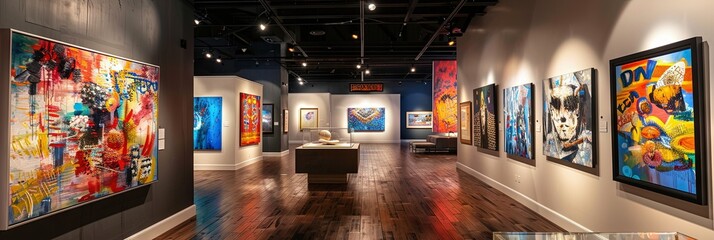 photo of paintings hanging in art gallery, sculptures on display