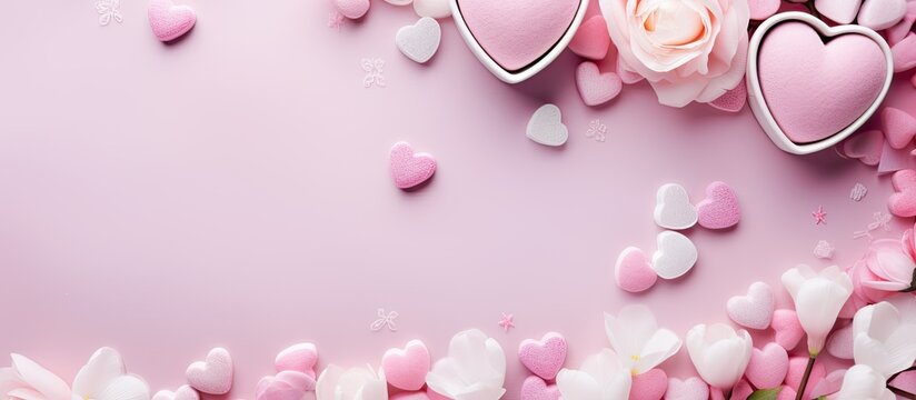 A copy space image featuring a pink desktop concept adorned with heart shaped marshmallows pink roses and a pink colored hot drink