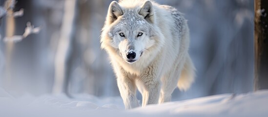 Obraz premium An Arctic Wolf prowls through the dense woods leaving its icy footprints on the snow covered ground A captivating copy space image