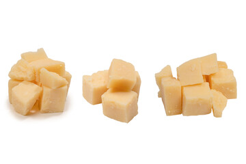 Cheese cubes isolated on a white background.