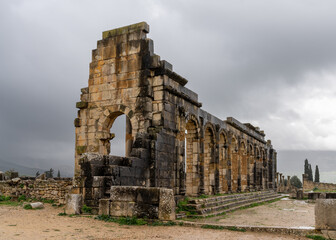 view of the temple ruins in the Berber-Roman city of Volubilis near Meknes