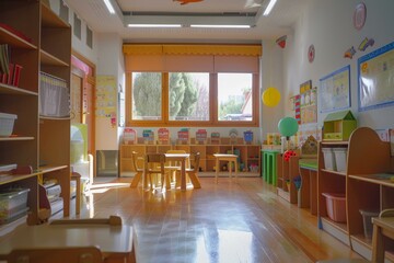 Spacious and bright preschool classroom interior with colorful furniture and educational materials for children's early learning environment