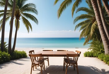 Fototapeta premium summer season theme with leafs of palm trees covered with shiny sun at beach behind Beach and Sea season theme