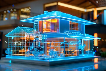 Interactive holographic display showing a detailed blueprint of a house, with emphasis on eco-friendly design,