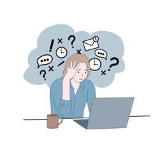 Work burnout and stress of unmotivated exhausted person. Sad tired woman sitting at desk with laptop and low battery, female confused office worker flat vector illustration. Crisis, tiredness concept