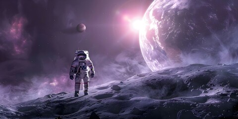 An astronaut walks on the lunar surface with a planet rising. Concept Outer Space, Astronaut, Lunar Surface, Planet Rising, Exploration