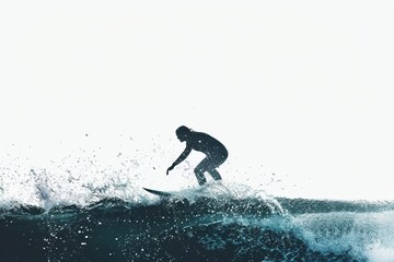 Silhouette of a man surfing in the ocean white background