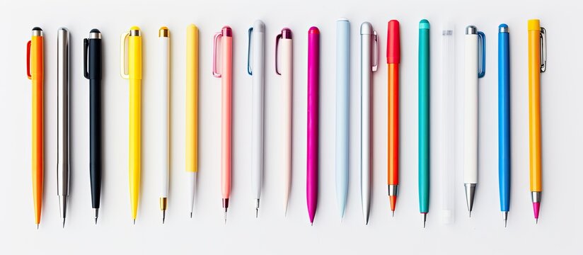 A collection of writing tools including notebooks pens and multicolored markers arranged neatly on a white background Ideal for copy space image