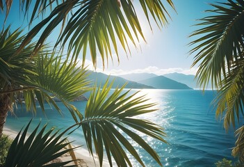 summer season theme with leafs of palm trees covered with shiny sun at beach behind Beach and Sea  season theme