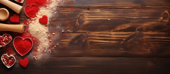 View from above of a red wooden background adorned with rolling pins cookie cutters flour a heart and a cutting board There is ample space for text The image provides a delightful copy space for crea