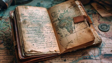 A travel journal lies open, filled with handwritten notes, sketches, and mementos Each page is a testament to the travelers experiences and reflections