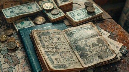 A worn passport filled with stamps lies open on a table next to a collection of foreign currency Each item tells a story of the travelers adventures and experiences - obrazy, fototapety, plakaty