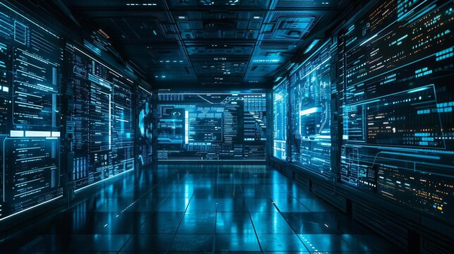 Wall of monitors displays flickering lines of code and complex data visualizations