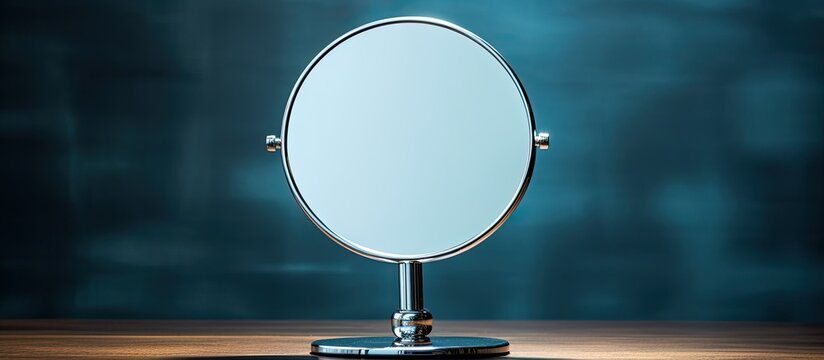 A round magnifying mirror with a handle made of chromed steel sits on a table against a background of cold light creating a clean and pure atmosphere The studio setting provides copy space for text o