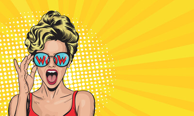 Sexy blonde woman with her mouth open in sunglasses with the inscription "Wow." Vector illustration of pop art style. © дима селиванов