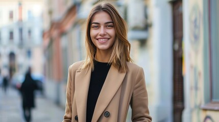 Save to Library Download Preview Preview Crop Find Similar  happy pretty smiling professional business woman, happy confident positive female entrepreneur standing outdoor on street hands in pockets,