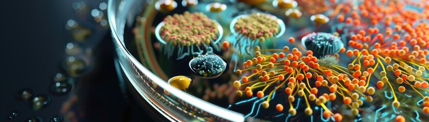 Petri dish showing the contamination process by bacteria and fungus The Petri dish filled with PDA medium, hosting vividly colored Penicillium and complex bacterial patterns