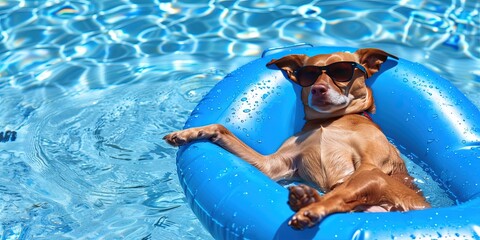 puppy relaxing in pool floatie on a hot summer afternoon for vacation