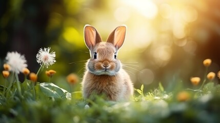 Fototapeta premium cute animal pet rabbit or bunny smiling and laughing isolated with copy space for easter background, rabbit, animal, pet, cute, fur, ear, mammal, background, celebration, generate by AI