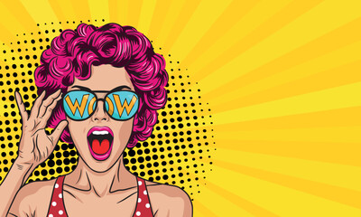 Sexy woman with pink hair and open mouth in sunglasses with the inscription "Wow." Vector illustration of pop art style. © дима селиванов