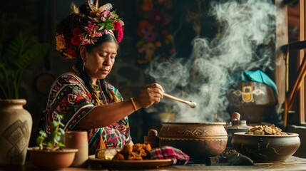 Guatemalan mayan woman making chocolate with molinillo blending stick