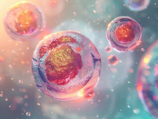 Naklejka premium Embryonic stem cells floating in a fluid medium, rendered in 3D The cells exhibit a variety of developmental stages, each glowing with a different hue