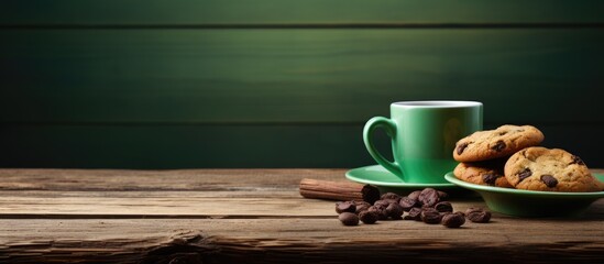 A collection of tea themed templates with a green cup of tea and a mini chocolate bun on an old wooden table Represents a delightful tea break Provides ample copy space for additional content