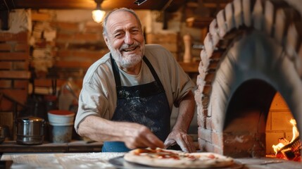 Smiling Mature man baking pizza at an Italian Restaurant brick oven. 