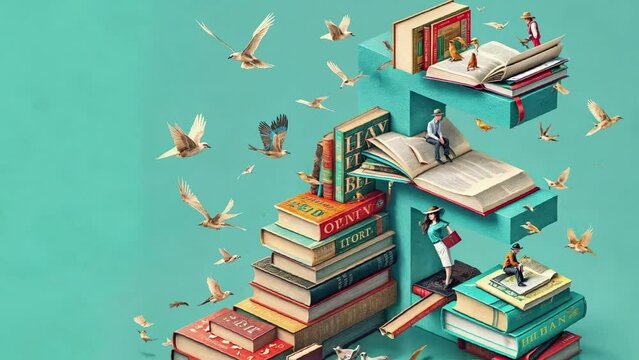 animation - Isometric letter E formed by stacks of books with people and birds