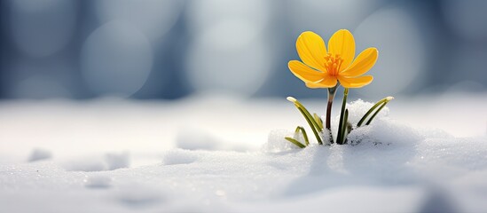 An Eranthis Buttercup an early spring flower depicted in a snowy scene with copy space image