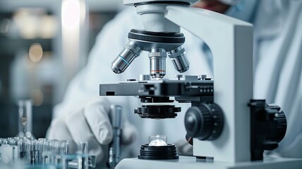 Scientist looking through a microscope in a laboratory.